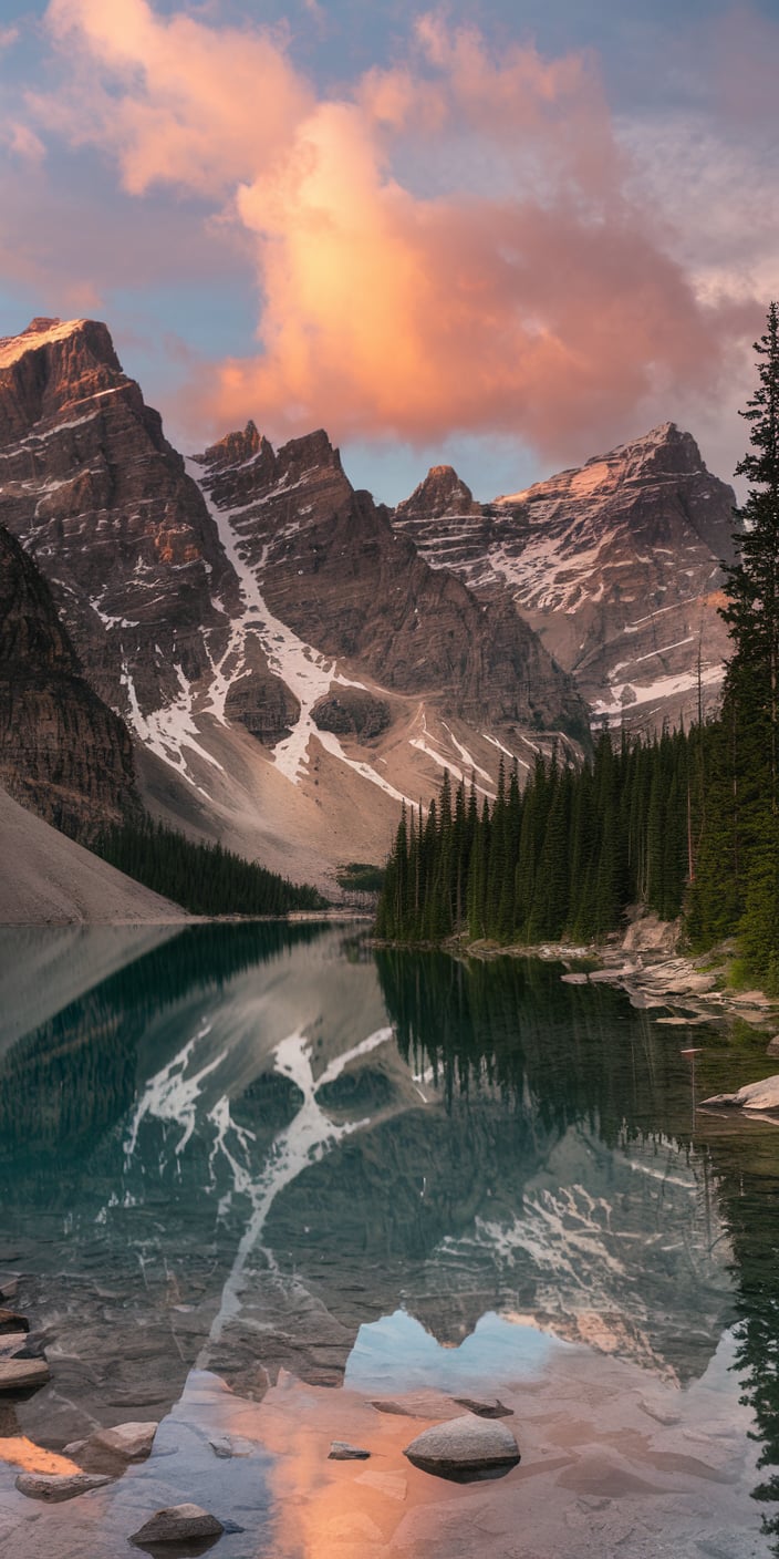 Mountain view featuring towering snow-capped peaks reflected in a crystal-clear lake. The soft pink clouds add a dreamy touch to this Country Backgrounds and Rustic Country Wallpaper iPhone, making it perfect for an Outdoor Lockscreen. Whether for your phone or design projects, this serene nature wallpaper captures the beauty of the outdoors.