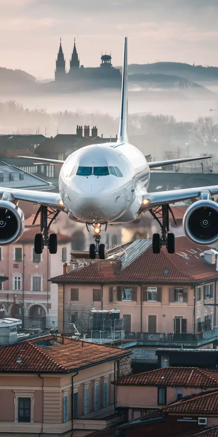 This striking airplane landing wallpaper captures a commercial jet descending over a misty, historic cityscape. The dramatic lighting and silhouette of ancient architecture create a cinematic aviation scene that is perfect for travel and airplane aesthetic lovers. Whether you're a pilot, traveler, or aviation enthusiast, this plane photography wallpaper adds a unique and timeless touch to your iPhone background.