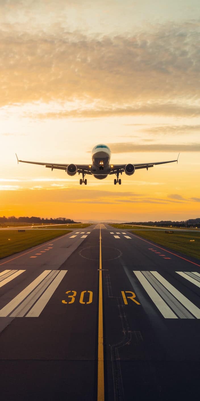 A stunning airplane wallpaper 4K capturing a commercial jet approaching the runway at sunset. The golden hues of the sky contrast beautifully with the crisp markings on the tarmac, making this a perfect high-resolution wallpaper for aviation lovers.