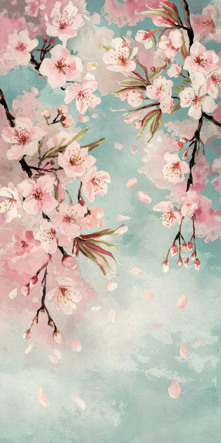 A delicate watercolor-style painting of cherry blossoms set against a soft blue sky. The gentle pink petals and natural brushstrokes create a peaceful and artistic vibe. This soft pink lockscreen aesthetic is ideal for iPhone and Samsung users who love floral and nature-inspired designs. Add a calming and elegant touch to your phone with this beautiful wallpaper.