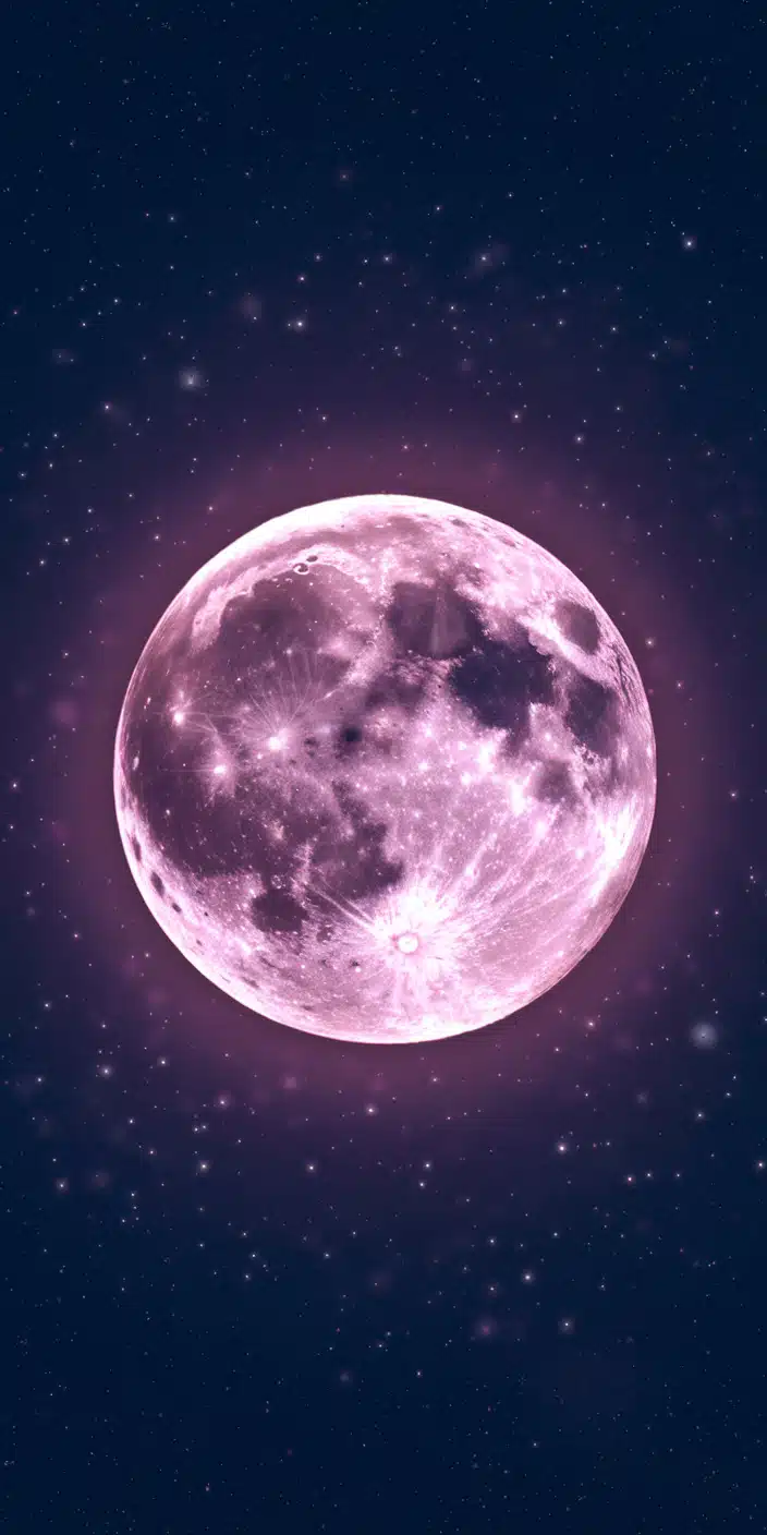A luminous Pink Moon surrounded by a sea of twinkling stars creates a mesmerizing Glowing Moon Wallpaper. This celestial masterpiece is perfect for iPhone users who love dreamy, space-inspired designs.
