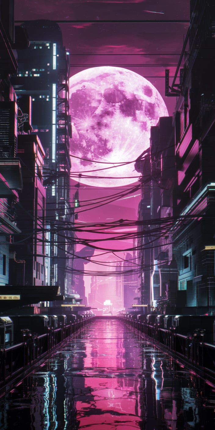 A glowing Pink Moon looms over neon-lit streets in this moody cyberpunk scene. The dimly lit city, tangled wires, and wet pavement reflecting the pink light create an atmospheric Black And Pink Aesthetic Dark wallpaper, perfect for those who love futuristic and dystopian vibes.