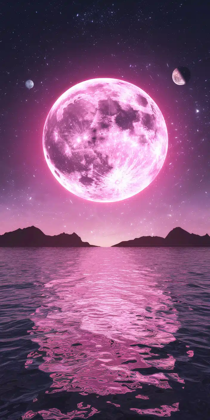 A stunning Pink Moon rises over a calm ocean, casting a soft pink reflection across the water. Surrounded by wispy pink clouds and twinkling stars, this celestial Moon 4K Wallpaper captures the magic of a dreamy night sky, perfect for iPhone and Android users looking for a serene background.