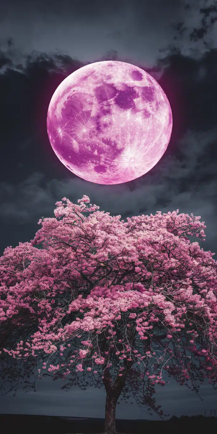 A vibrant Pink Moon glows above a fully bloomed sakura tree, creating a captivating blend of celestial and floral beauty. This Aesthetic Moon Wallpaper features delicate pink blossoms set against a moody night sky, making it a dreamy background for iPhone and Android users.