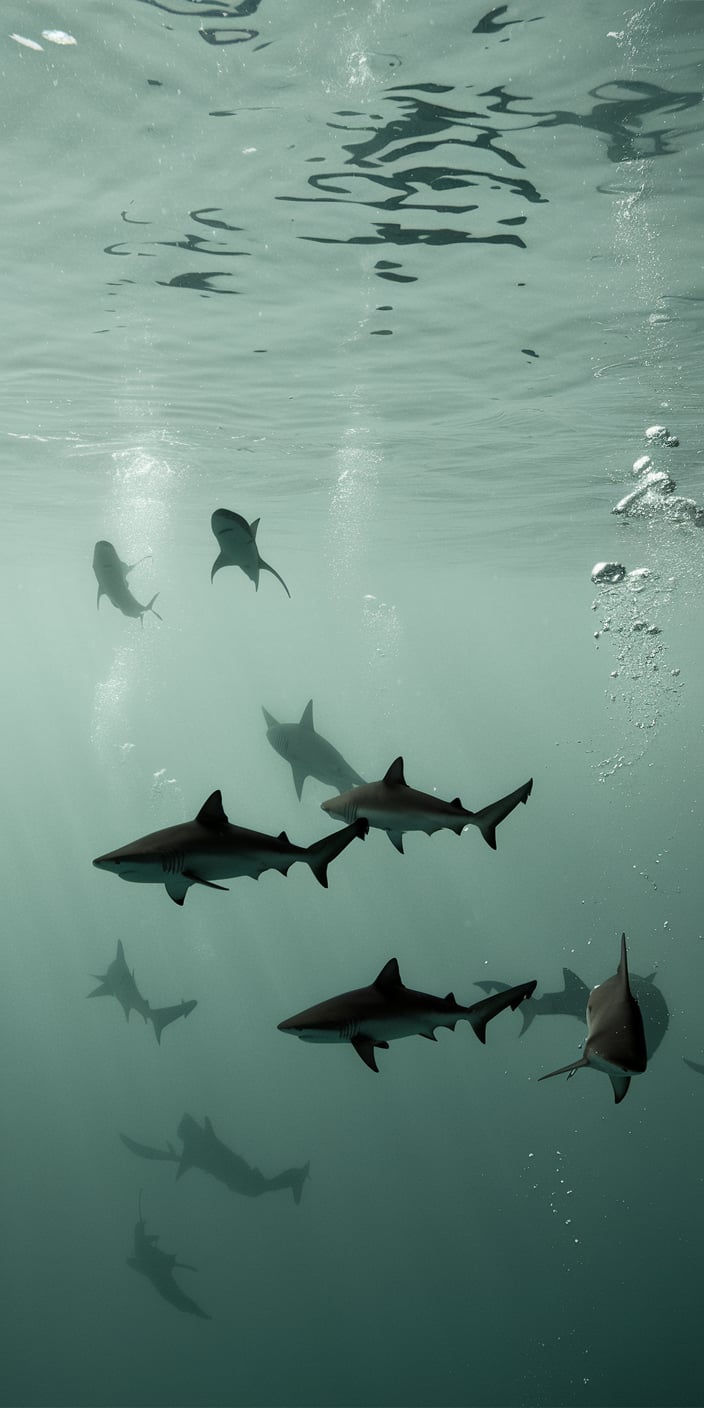 Silhouettes of sharks drift through the deep ocean, their graceful movement enhanced by soft beams of sunlight piercing the water. The muted green tones and natural reflections make this shark wallpaper iPhone a stunning choice for marine life enthusiasts. This oceanography marine biology image brings a sense of calm and power to your smartphone background.