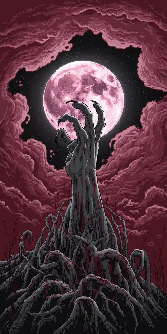 A chilling undead hand emerges from twisted roots under a glowing pink moon, creating a haunting yet mesmerizing visual. The deep red clouds add a dramatic gothic touch, making this Pink Moon Aesthetic perfect for those who love eerie, dark fantasy wallpapers. This Dark Pink Wallpaper iPhone design is ideal for anyone who wants a unique and moody phone background.