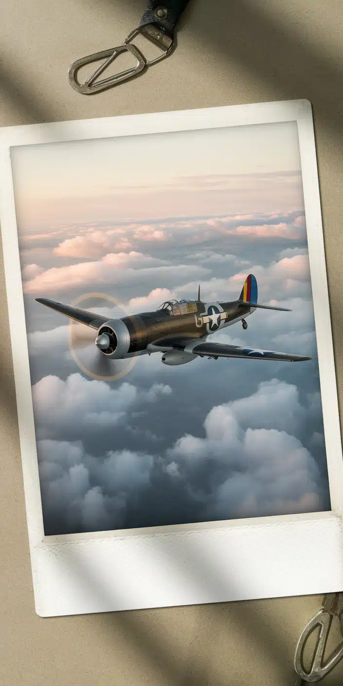 A nostalgic airplane photography wallpaper featuring a vintage warplane flying above soft, pastel-colored clouds. Captured in a Polaroid-style frame, this unique plane photography design brings a timeless aviation feel to your iPhone screen. A must-have for history lovers and vintage flight enthusiasts.