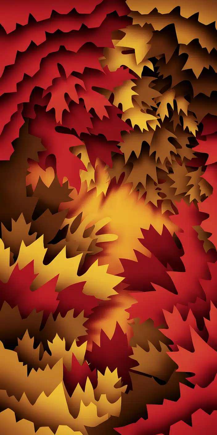 A bold and modern take on fall, this abstract wallpaper features layered leaf silhouettes in warm autumn hues—burnt orange, red, gold, and brown. The radiant center glows with golden warmth, giving the design energy and depth. Perfect as a vibrant Fall Aesthetics or Autumn Phone Wallpaper for iPhones, this striking background offers a fresh and artistic twist on traditional seasonal themes.