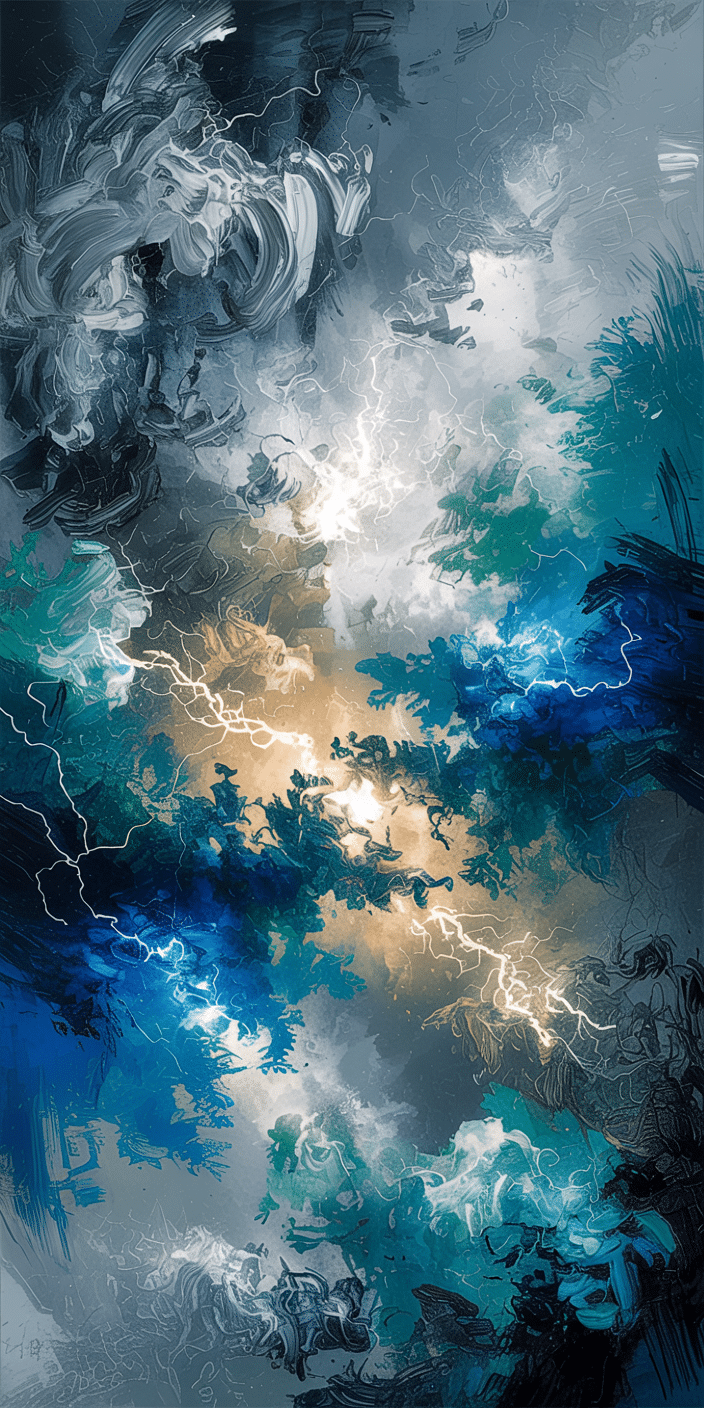 This abstract wallpaper bursts with swirling clouds and electric bolts of lightning, rendered in shades of white, aqua, and deep blue. The artistic intensity gives a sense of controlled chaos and dramatic beauty. It’s a bold pick for fans of storm cloud aesthetic and sky wallpaper 4k, adding drama and intrigue to any phone screen.