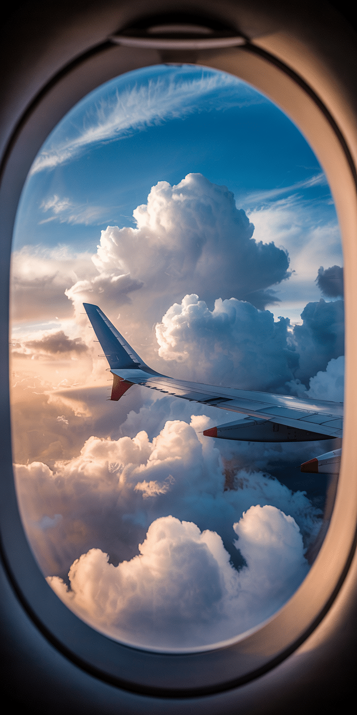 This photo-realistic wallpaper captures a stunning view from an airplane window, with fluffy white clouds stretching into the horizon under a blue sky. The soft lighting and sweeping perspective make it perfect for fans of sky blue wallpaper and background clouds. It's a serene and awe-inspiring view that brings wanderlust right to your iPhone or Samsung screen. A top choice for those who love to travel and daydream.