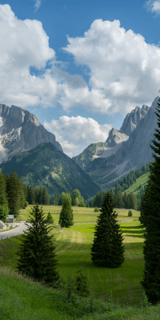 A breathtaking alpine valley stretches out beneath towering mountains and a bright blue sky dotted with fluffy white clouds. This expansive scene is perfect for Beautiful Landscapes and 4k Wallpaper iPhone Nature lovers, offering a sense of freedom and serenity. The vibrant greens and crisp air make this a stunning nature wallpaper for your iPhone.
