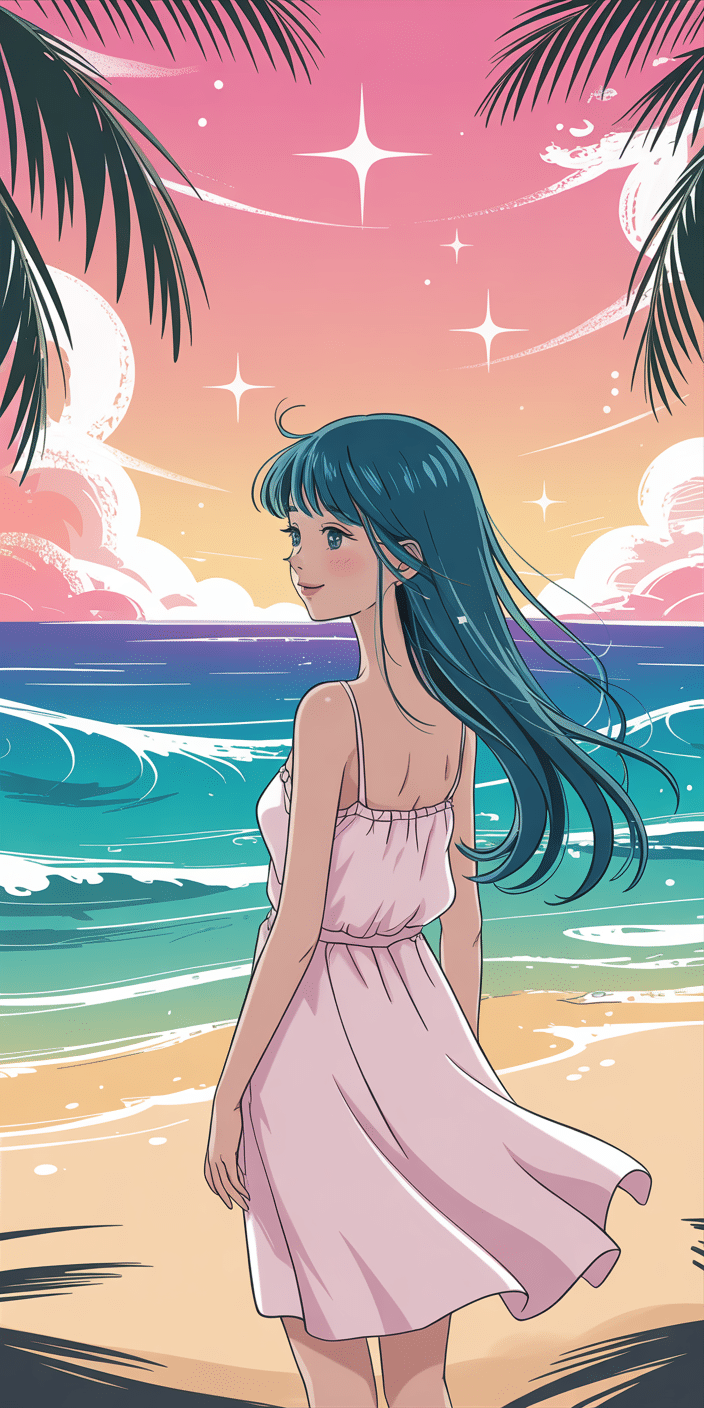 A dreamy anime-style girl stands on the beach with long teal hair flowing in the breeze as the sky fades into warm pink and orange. This vibrant and imaginative July wallpaper aesthetic blends soft tones with fantasy art to create a standout phone background. It’s the perfect mix of nostalgic charm and seaside serenity, ideal for fans of colorful and expressive cute July wallpaper styles.
