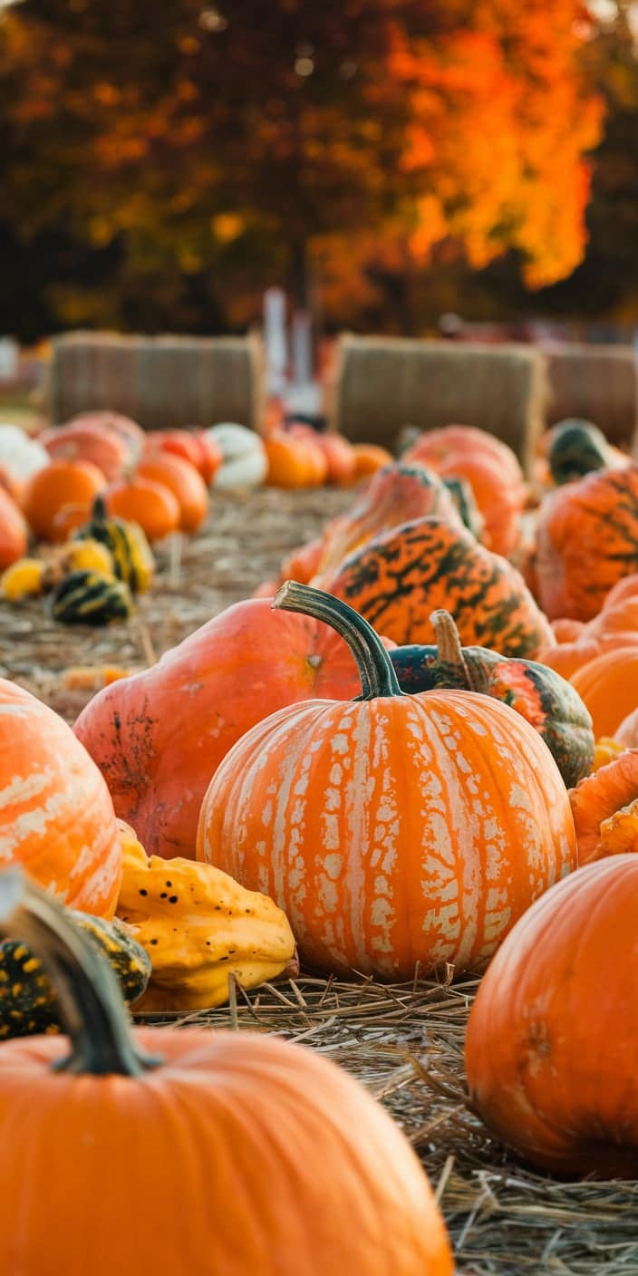 A beautiful display of pumpkins and gourds scattered across a hay-covered field under rich autumn foliage. The variation in shapes, colors, and textures makes this a perfect Fall Background or Pumpkin Wallpaper. It’s a festive, detailed scene that celebrates the abundance and beauty of the season—ideal for iPhone users wanting a bold autumn vibe.