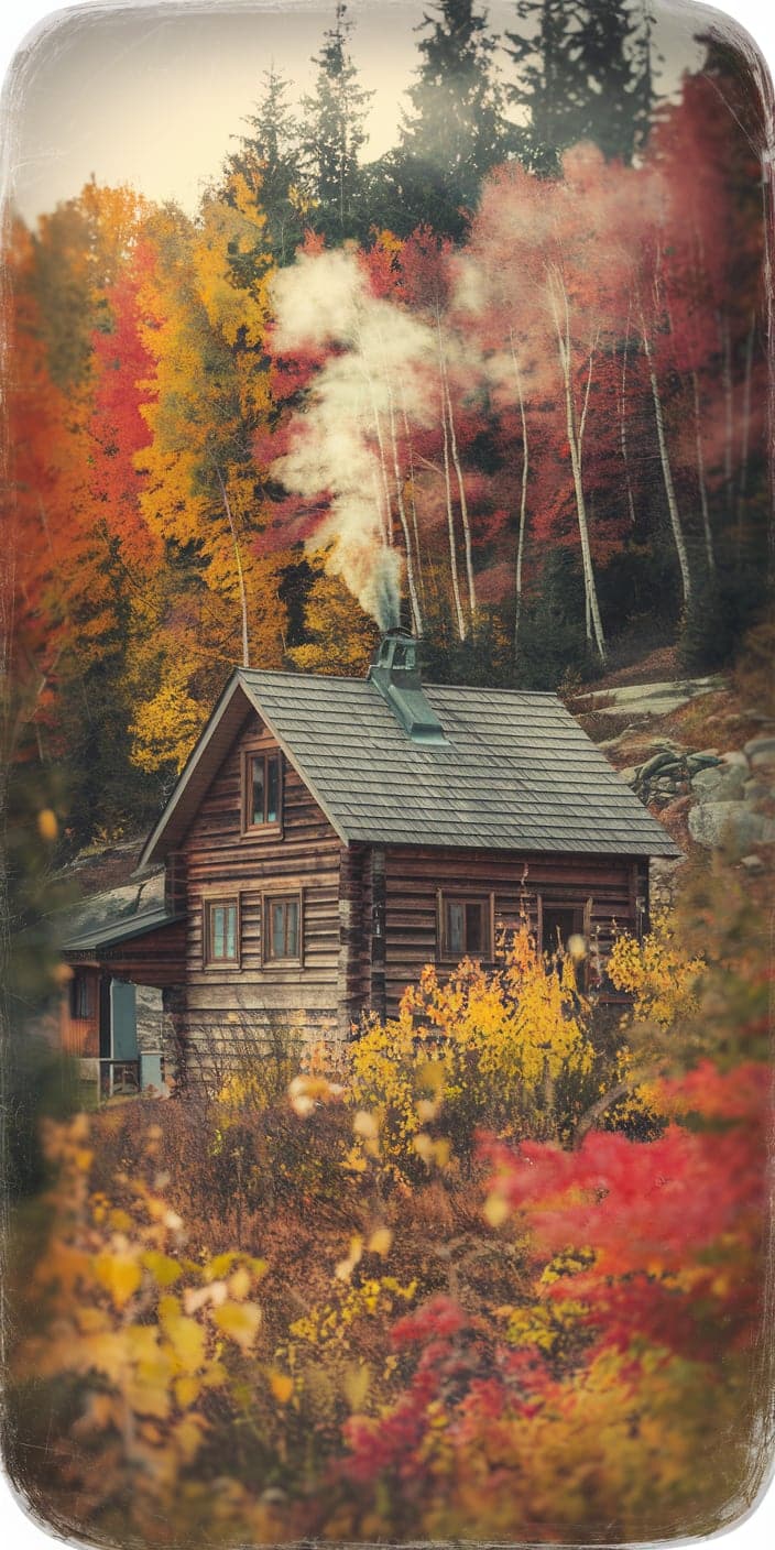 A quaint cabin sits nestled in a vibrant forest of red, yellow, and orange foliage, with smoke rising from the chimney and a cozy ambiance all around. This scenic image is perfect for a Fall Aesthetics lover or anyone searching for a heartwarming Autumn Village Aesthetic vibe. Ideal for your phone screen, it combines rustic charm with vivid seasonal color.