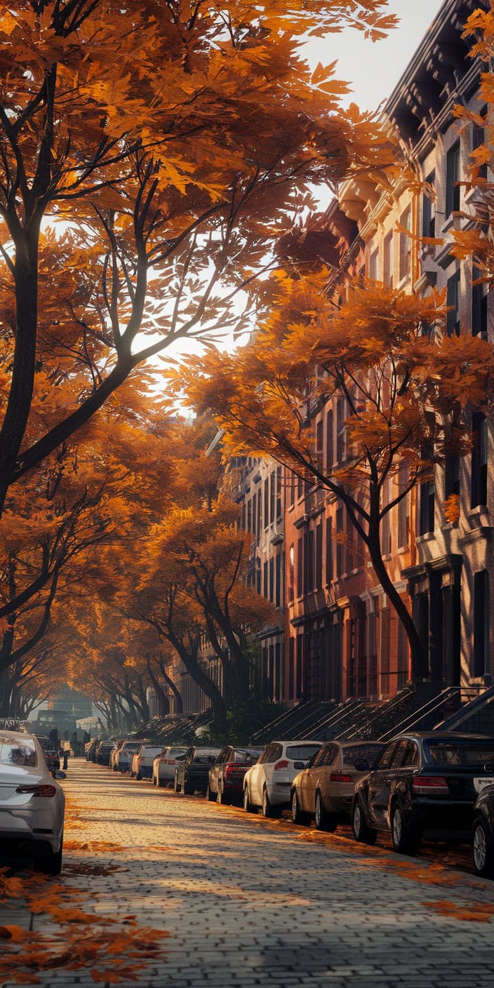 This vibrant city street scene captures rows of cars parked beneath tall trees bursting with orange fall foliage. The soft morning light highlights the cobblestone road and classic brownstone buildings, creating a serene urban vibe. Ideal for those seeking City In Fall Wallpaper or Fall Backgrounds Iphone, this high-resolution image adds a sophisticated and seasonal feel to your iPhone. A perfect blend of city life and autumn beauty.