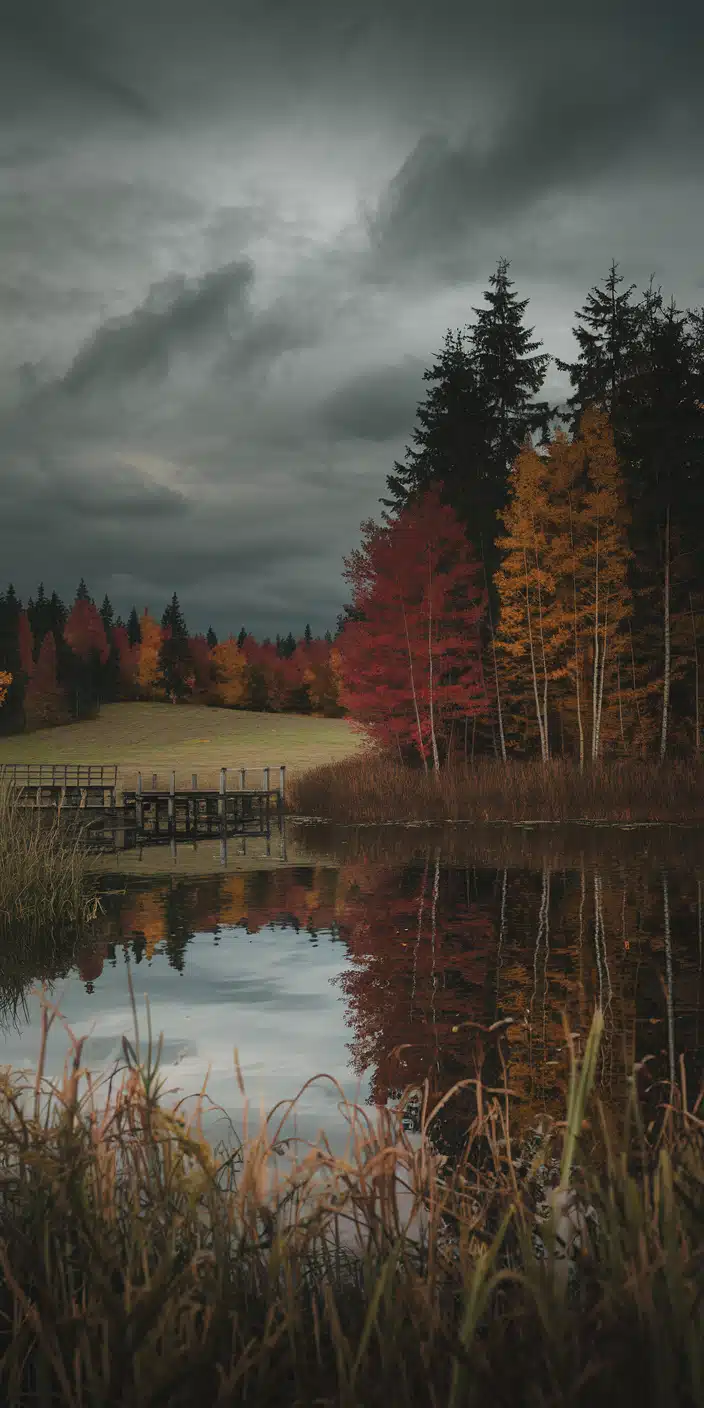 This peaceful autumn landscape features a rustic wooden pier extending into a reflective lake, surrounded by deep red and golden foliage under a dramatic cloudy sky. The mirrored trees in the water and moody atmosphere make it a standout for Autumn Wallpaper Hd and Fall Backgrounds. Ideal for iPhone users craving serene seasonal beauty with rich tones and immersive depth.
