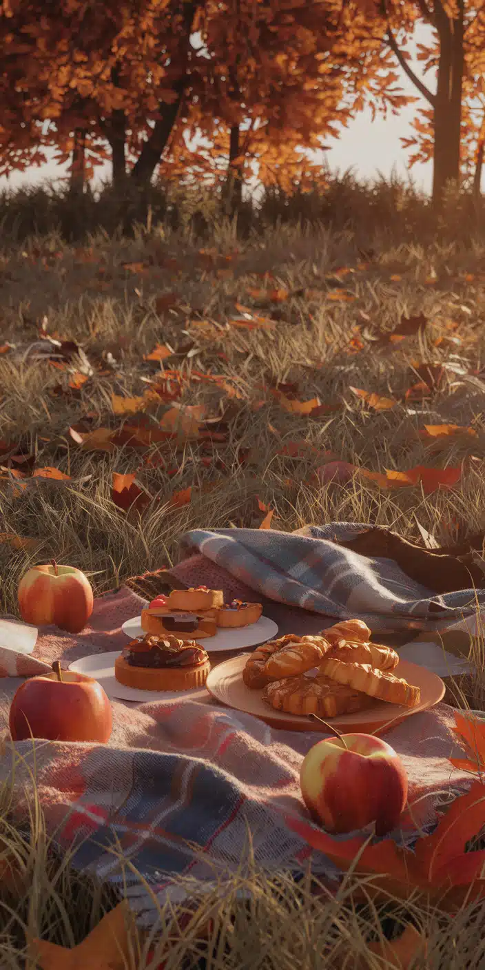 This warm and cozy autumn picnic wallpaper features a flannel blanket spread across the grass, topped with delicious pastries, red apples, and fallen leaves. Golden sunlight streams through the background trees, casting a magical fall glow. This scene makes a perfect Autumn Phone Wallpaper or Fall Aesthetics choice for iPhones. Capture the peaceful feeling of a crisp autumn afternoon right on your screen.