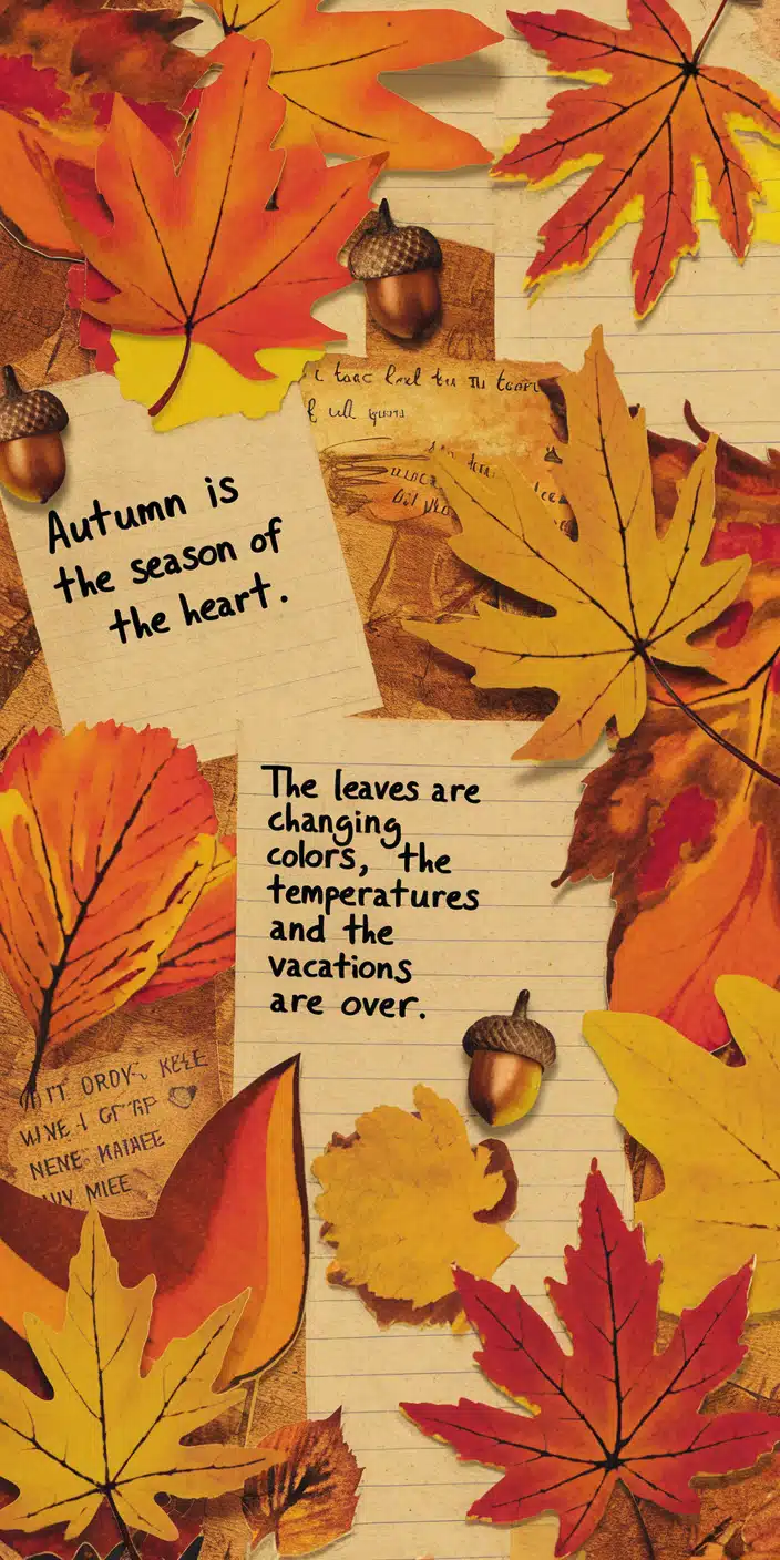 This charming fall-themed wallpaper is layered with scattered orange, red, and yellow leaves, handwritten notes, and adorable acorns. Featuring quotes like “Autumn is the season of the heart,” this design radiates warmth and nostalgia. It’s the perfect November Wallpaper for those who love cozy text-driven themes and seasonal tones. Great for anyone seeking a Cute Home Screen Wallpaper full of personality and fall flair.
