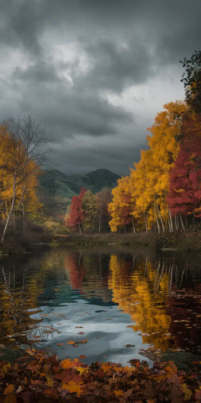 Golden and crimson trees line the edge of a calm river under a dramatic, cloudy sky in this striking fall landscape. The water reflects the fiery foliage with perfect clarity, creating a moody yet beautiful scene. Ideal for users wanting a scenic Autumn Wallpaper Hd or a peaceful Fall Background, this wallpaper balances color, calm, and atmospheric depth.
