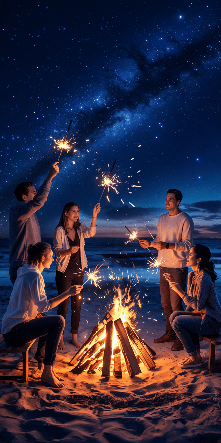 A magical July night on the beach comes to life in this stunning wallpaper featuring a group of friends gathered around a crackling bonfire. They hold glowing sparklers under a deep navy sky filled with stars and a hint of the Milky Way. Perfectly evoking a festive Fourth of July wallpaper feel, this image blends summer beach vibes with cozy night energy. It’s ideal for anyone looking for a July wallpaper iPhone background that captures friendship, celebration, and the spirit of the season.