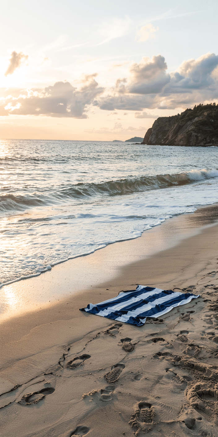 A peaceful sunset scene on a sandy beach features a blue and white striped towel left behind, with footprints leading to and from the shore. The golden light reflects off gentle waves, capturing the quiet charm of a summer evening. This calm and minimal summer iPhone wallpaper brings a sense of relaxation and nostalgia, ideal for those looking for a tranquil July lockscreen vibe.