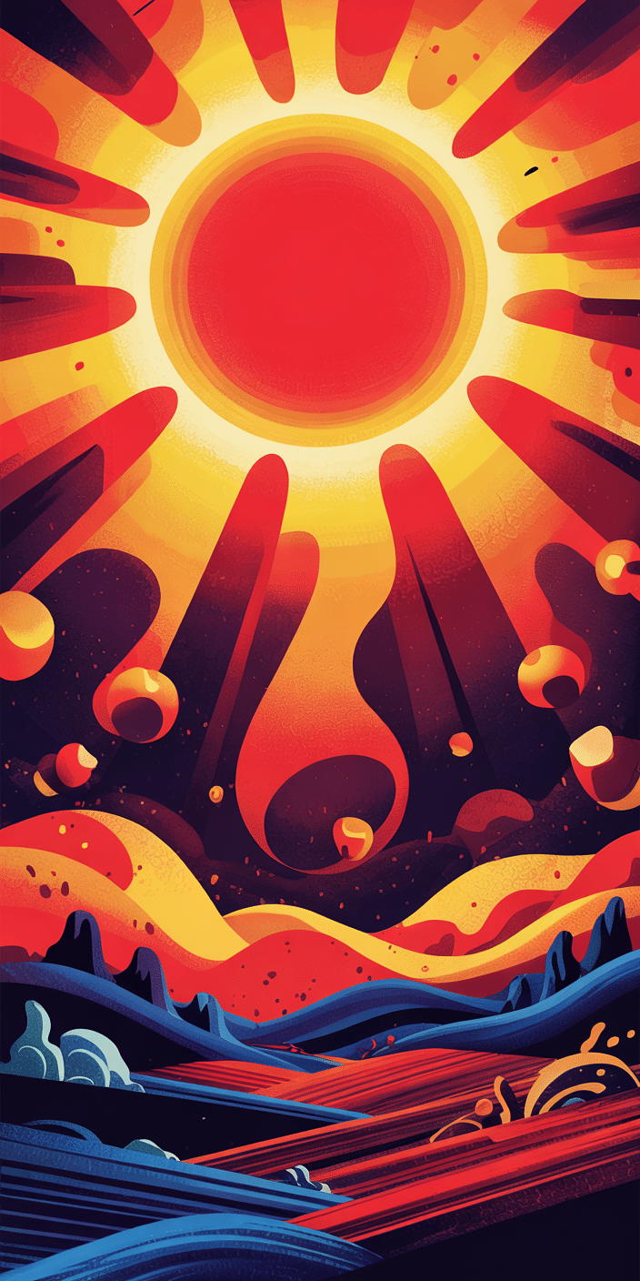 A bold, fiery red sun radiates over an abstract desert-meets-cosmic landscape, using intense yellows, oranges, and blues for an electrifying visual. This wallpaper feels energetic and dramatic, perfect as a red aesthetic wallpaper for July. Ideal for users looking to stand out with vibrant art that captures summer iPhone wallpaper intensity.