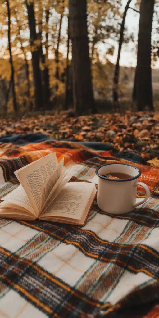 An inviting open book and a tin mug of tea rest on a cozy plaid blanket in a forest filled with golden autumn leaves. The warm lighting and earthy tones create a peaceful, grounded atmosphere perfect for anyone drawn to reading and seasonal serenity. This design captures the essence of Cozy Fall Aesthetic Wallpaper and Fall Aesthetic, ideal for iPhone users who love quiet moments and nature scenes.