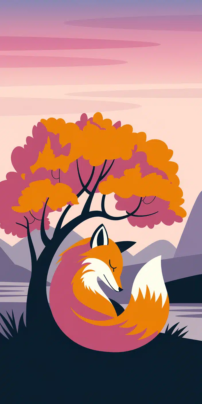 This charming illustrated wallpaper features a curled-up fox resting beneath a vibrant orange and pink tree, with a dreamy mountain and lake scene in the background. The pastel sky and playful design make this a perfect Cute Home Screen Wallpaper or Autumn Wallpaper for iPhone users of all ages. Ideal for anyone who loves cozy animals and whimsical fall vibes.