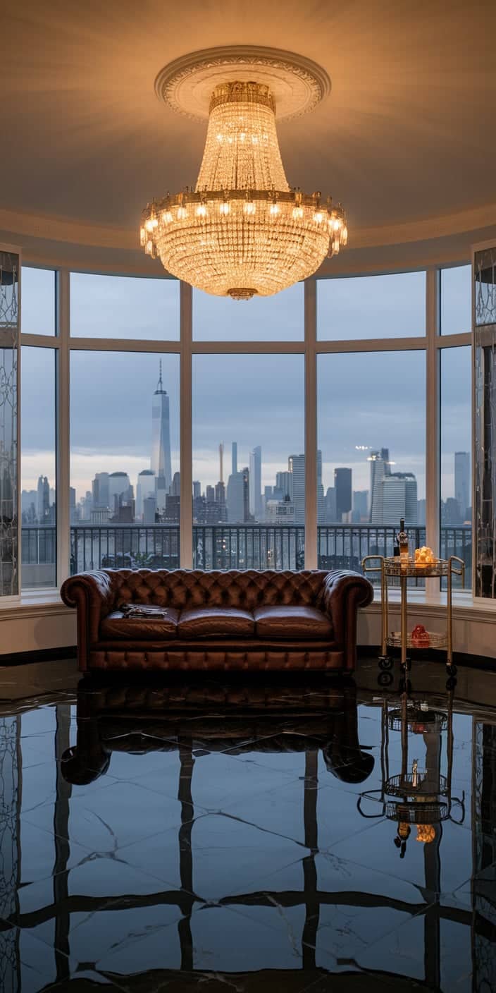 A grand Old Money Aesthetic penthouse wallpaper featuring a magnificent crystal chandelier, a vintage brown leather Chesterfield sofa, and sweeping views of the New York City skyline. The polished black marble floors reflect the golden glow of the chandelier, making this the perfect Old Money Phone Wallpaper for those who love classic, refined interiors.