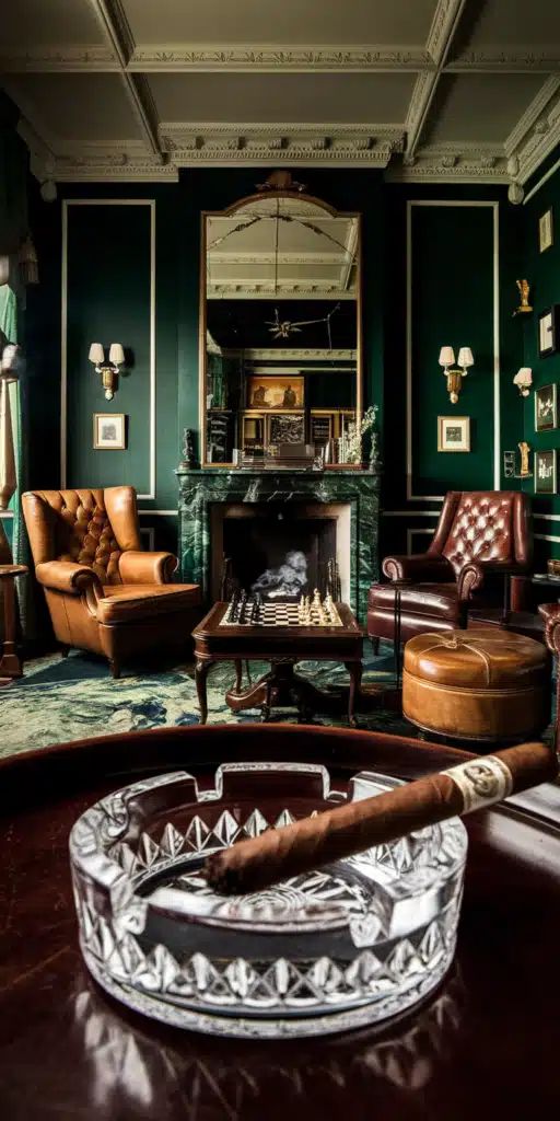 A refined Old Money Aesthetic wallpaper featuring a luxurious cigar lounge with deep green walls, a grand fireplace, and vintage leather armchairs. The crystal ashtray with a fine cigar in the foreground adds a touch of aristocratic indulgence, making this the perfect Old Money Phone Wallpaper for those who appreciate sophistication and exclusivity.
