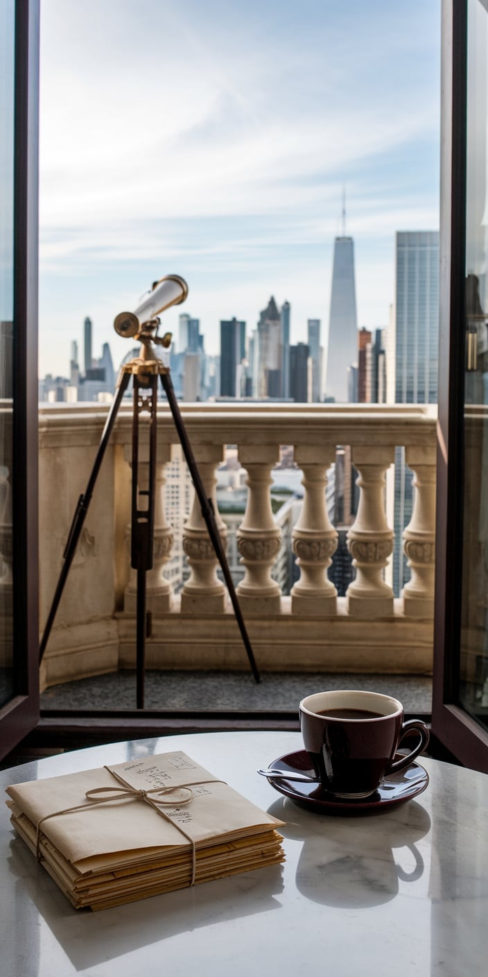 This Old Money Aesthetic wallpaper exudes European elegance with a vintage telescope overlooking a striking city skyline. A cup of dark coffee and a stack of aged letters sit atop a marble table, capturing the essence of sophisticated travel and timeless luxury. Ideal as an Old Money iPhone Wallpaper, this image radiates wealth, culture, and refinement.