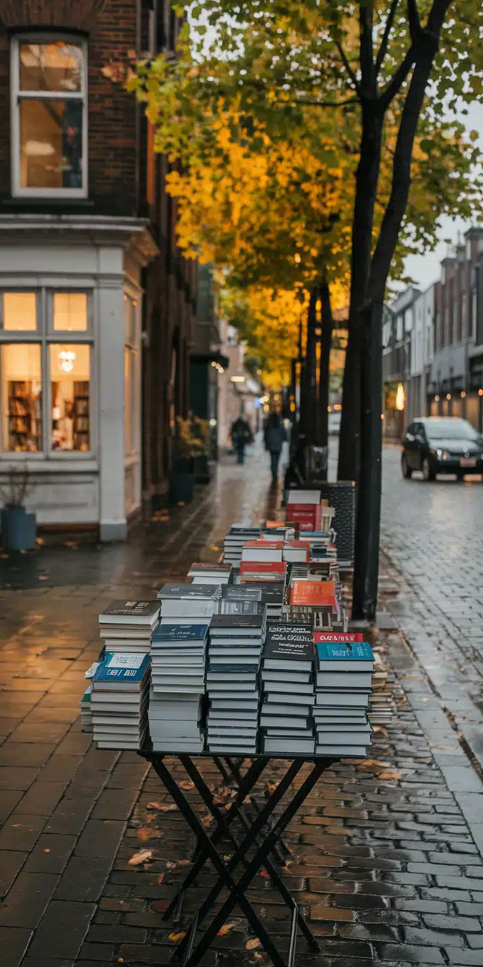 A misty street lined with glowing bookstores and golden-leaved trees frames a table overflowing with books, creating a perfect autumn scene. The wet pavement and soft lighting enhance the nostalgic tone, ideal for lovers of Cozy Fall Aesthetic Wallpaper and Fall Aesthetic. This city-inspired autumn wallpaper is perfect for iPhones seeking an urban yet romantic seasonal feel.