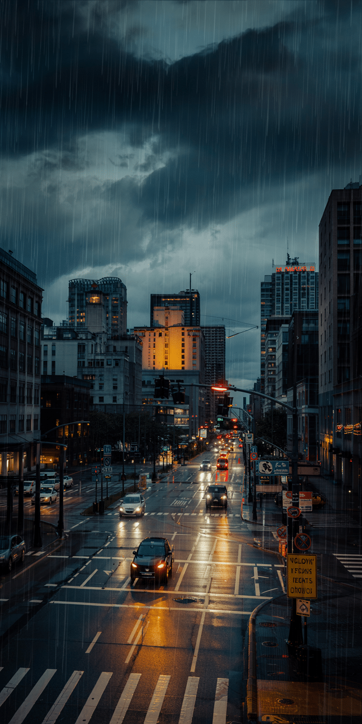 This cityscape captures a rainy evening with reflections of streetlights and car headlights shimmering on wet pavement. The moody atmosphere and glowing buildings create a cozy urban aesthetic. A great option for anyone into background clouds and sky aesthetic with a city twist.