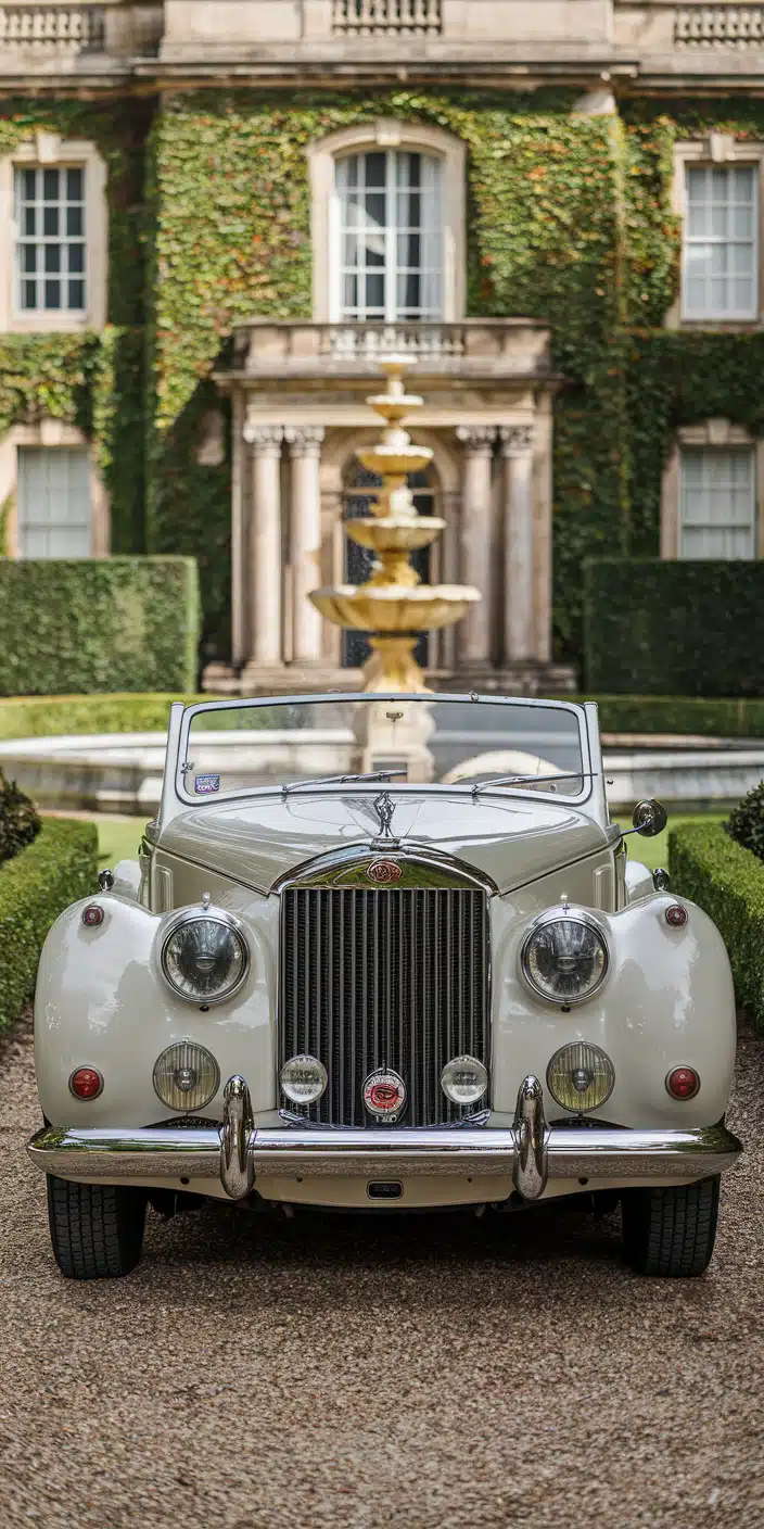 A breathtaking Old Money Aesthetic wallpaper featuring a vintage Rolls-Royce parked in front of an ivy-covered mansion with a grand fountain. The timeless elegance of the scene embodies prestige and generational wealth, making it an ideal Old Money Phone Wallpaper for those who admire aristocratic grandeur.