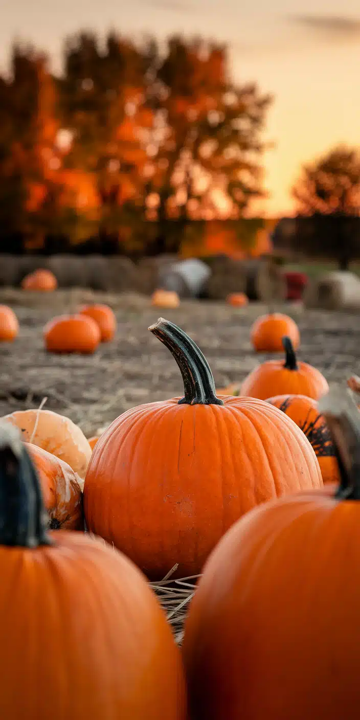 This stunning close-up shot captures a group of ripe pumpkins basking in warm sunset light, with blurred autumn trees in the background. It’s a vibrant and seasonal Pumpkin Wallpaper that captures the essence of October and harvest time. Ideal for your Fall Backgrounds Iphone, this high-resolution image adds cozy golden tones and fall nostalgia to your screen.