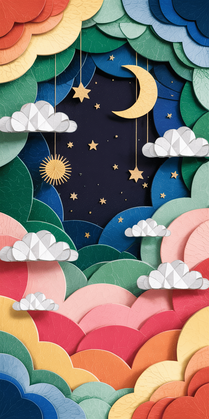 This vibrant and playful wallpaper features colorful cloud layers in rainbow tones, framing a whimsical night sky filled with stars, a crescent moon, and a tiny sun. The paper-cutout style and rich textures give it a handcrafted feel that stands out on any screen. This image blends sky aesthetic charm with a creative edge, making it ideal for fans of sky wallpaper 4k and clouds wallpaper. It’s a joyful design perfect for any smartphone.
