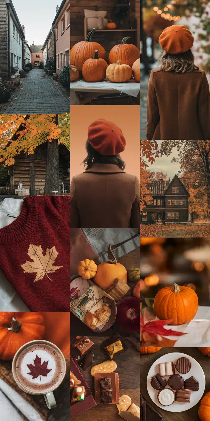 This warm-toned collage is filled with autumn essentials—from pumpkin patch vibes and cozy fashion to seasonal treats and rustic cabin scenes. Featuring cinnamon, hot cocoa with a maple leaf stencil, a knit maple leaf sweater, and scenic fall strolls, it perfectly captures the Fall Aesthetic and Cozy Fall Aesthetic Wallpaper mood. The rich oranges, browns, and reds create a nostalgic and comforting look for your iPhone screen.