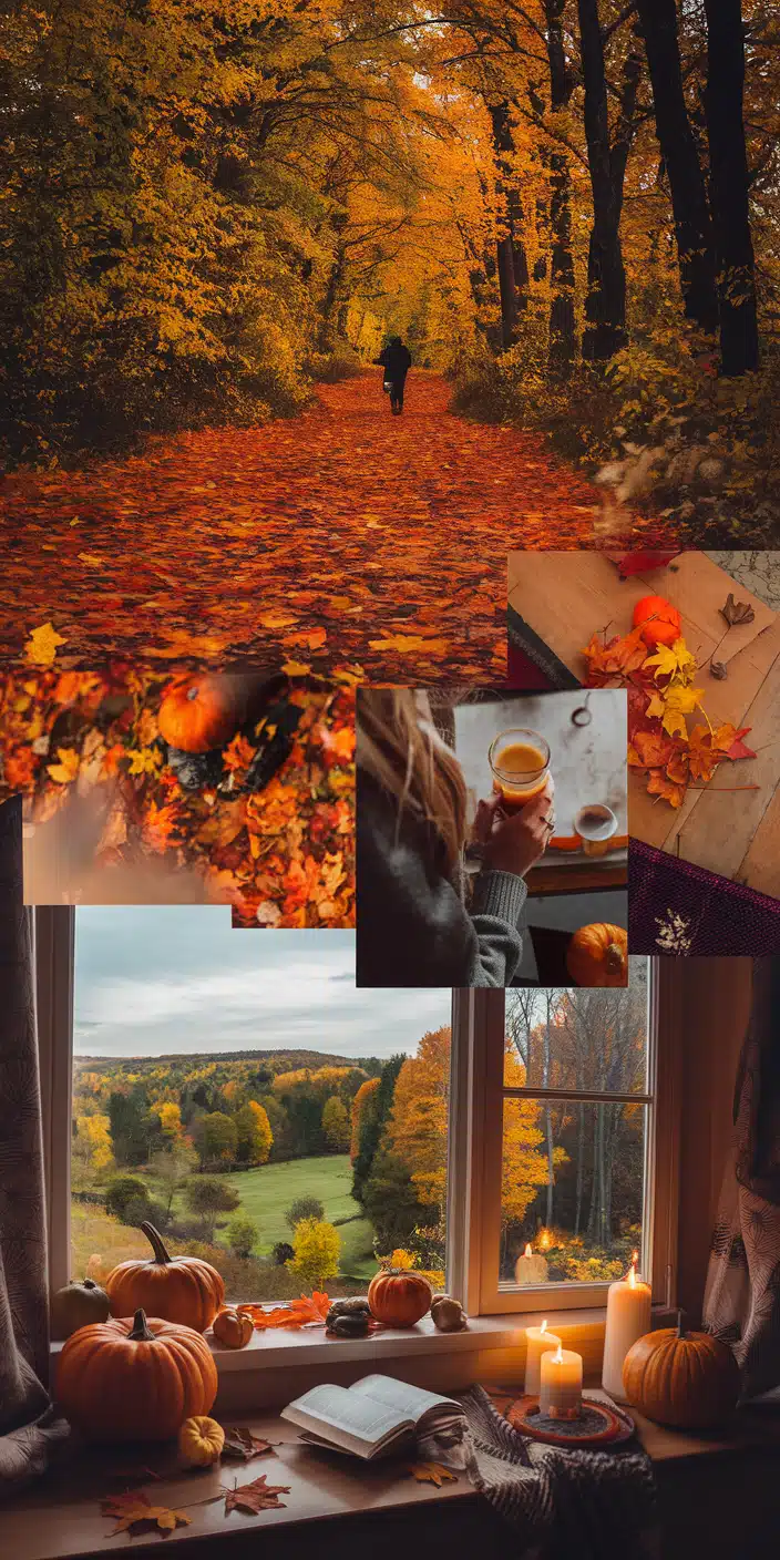 This cozy autumn collage blends iconic fall elements—glowing candles, pumpkins, golden leaves, and warm drinks—into one beautifully curated visual. It radiates Cozy Fall Aesthetic Wallpaper and is ideal for those who love layered vibes and seasonal warmth. Perfect for iPhone users who want every glance at their screen to feel like fall.