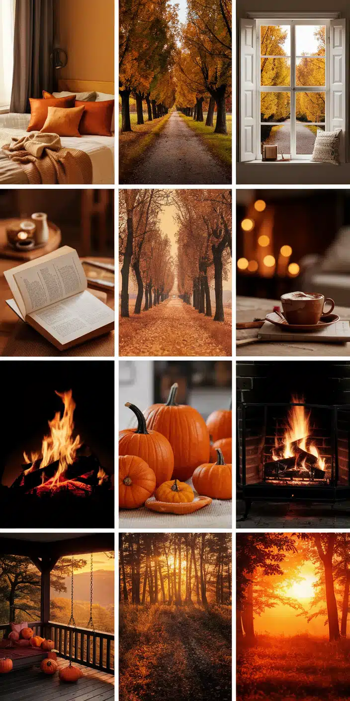 This warm and comforting collage features a mix of cozy bedrooms, pumpkin decor, fall trees, crackling fireplaces, and serene golden hour light. Perfect for lovers of Cozy Fall Aesthetic Wallpaper, it blends homely comfort with rustic seasonal charm. Rich oranges and deep browns dominate the palette, making this a stylish option for iPhone screens. The soft glow of candles and firelight adds a peaceful, hygge-inspired feel.