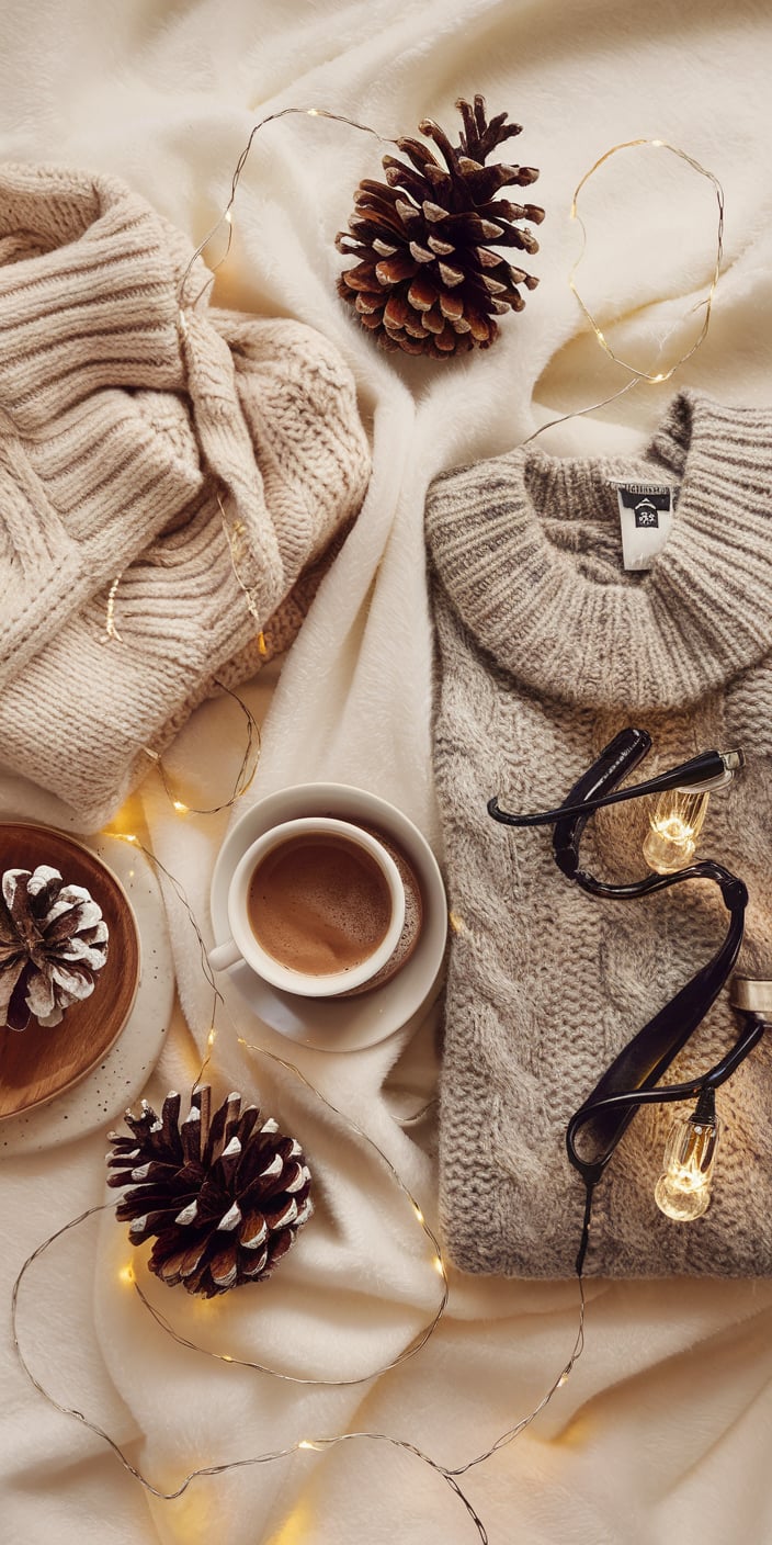 A cozy winter scene with soft knit sweaters, pinecones, and a steaming cup of hot chocolate. The warm beige tones and glowing fairy lights create a relaxing and inviting winter vibe. This charming Cute Winter Wallpaper is perfect for iPhone users looking for a cozy and stylish touch.
