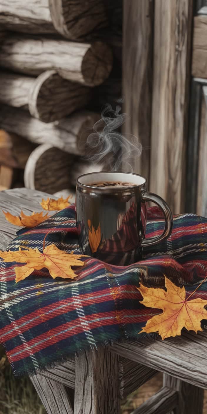 This cozy autumn scene features a dark ceramic mug filled with steaming coffee placed on a classic plaid flannel atop a rustic cabin bench. Surrounded by vibrant fallen leaves, the image radiates warmth and simplicity. A perfect choice for Fall Wallpapers lovers, this also fits the vibe of a peaceful November Wallpaper Backgrounds or a nostalgic Fall Book Aesthetic.