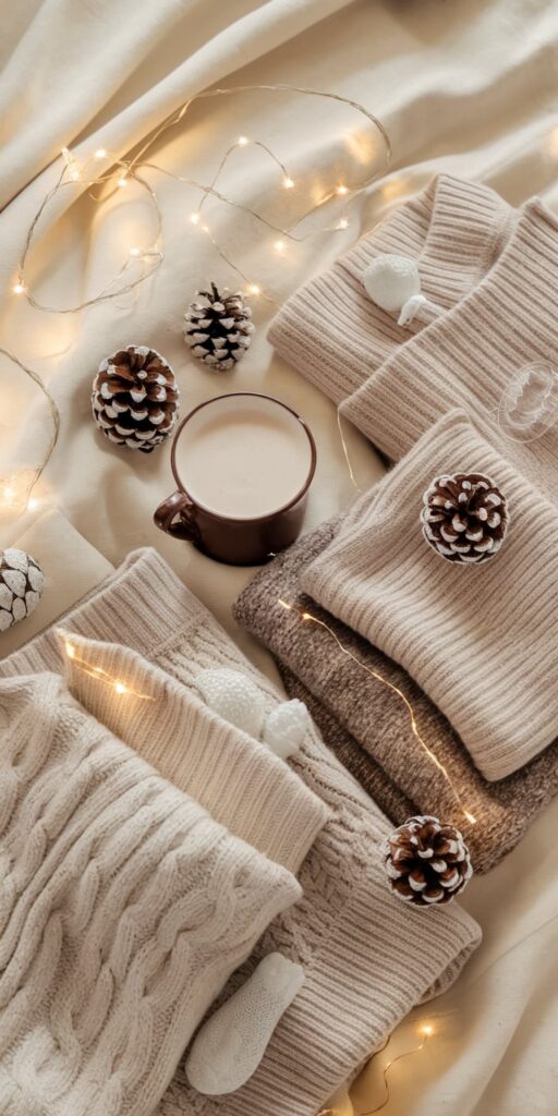  Soft knit sweaters in shades of cream and beige, with pinecones and twinkling fairy lights adding a cozy winter feel. The warm textures and soft glow make this an ideal Cute Winter Wallpaper for iPhone users looking to create a snug and stylish vibe.
