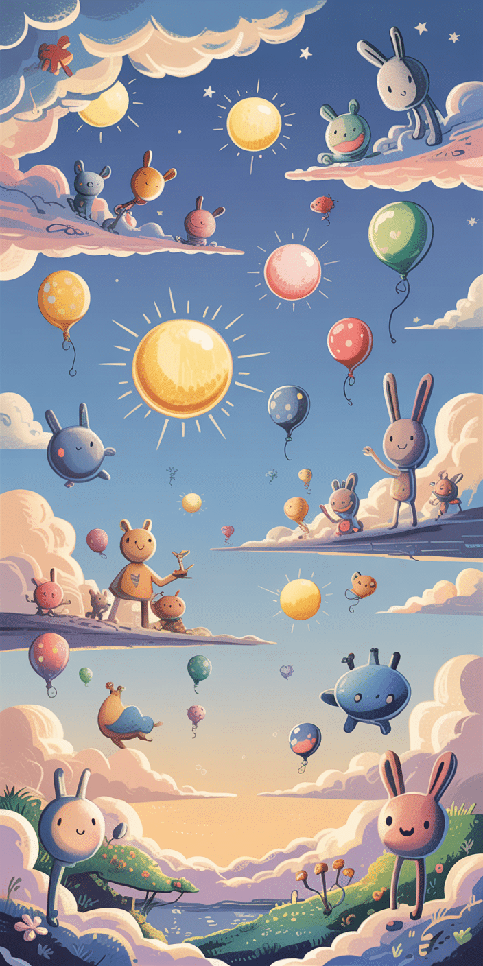 This charming wallpaper is filled with playful cartoon animals, colorful balloons, and soft cotton-candy clouds under a cheerful blue sky. The design has a whimsical, storybook feel that makes it a joyful background choice. Ideal for those who love spring phone wallpaper and sky aesthetic, it brings light-hearted fun and color to iPhones and Samsung devices. Perfect for brightening your day with a smile.