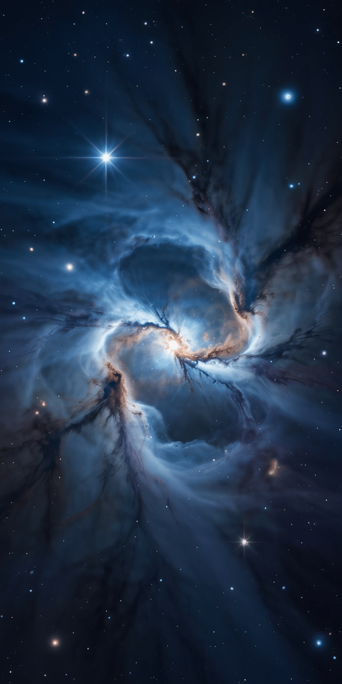 This wallpaper features a surreal cosmic scene with a glowing blue nebula and radiant starbursts. The intricate swirls and glowing filaments of light offer a rich and immersive view of deep space. It’s a top choice for fans of space phone backgrounds and clouds and stars.