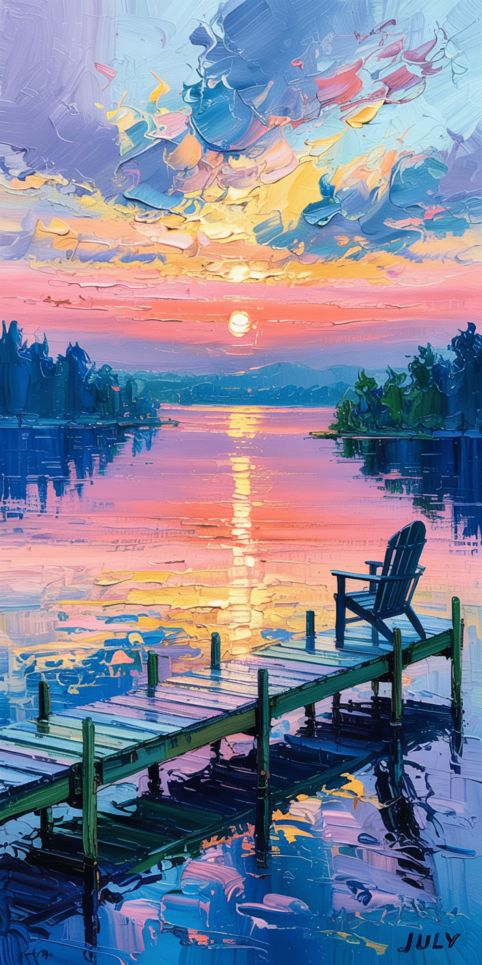 A beautifully painted dock stretches into a glowing lake as the sun sets in a wash of purple, orange, and pink hues. An empty Adirondack chair invites quiet reflection, making this artwork a serene and peaceful July background. With “July” subtly marked, this image is a perfect fit for your July lockscreen if you're drawn to calm, artistic summer moments.