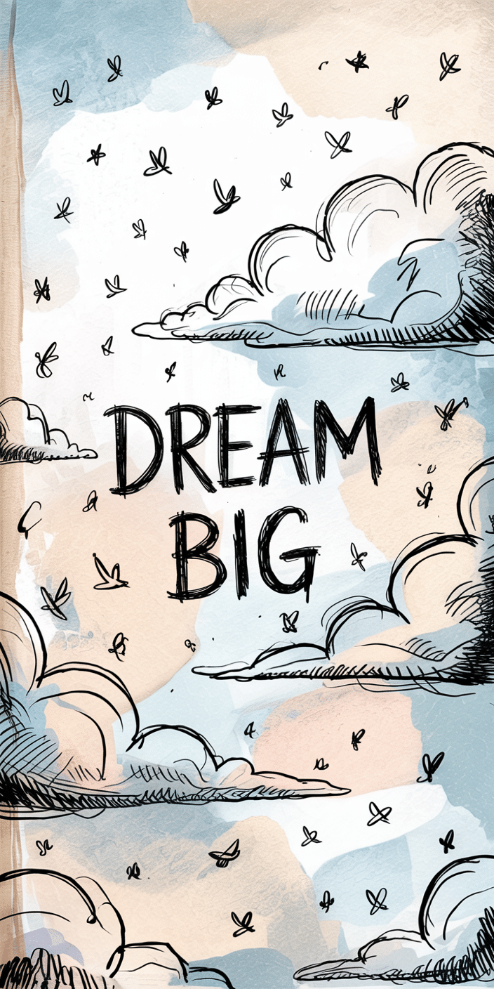 This uplifting hand-drawn wallpaper features playful clouds and butterflies floating around the bold, inspiring message “DREAM BIG.” The soft pastel tones and watercolor-style background give it a whimsical, artistic vibe. Ideal for lovers of sky aesthetic and spring phone wallpaper, it adds positivity and creativity to your smartphone screen. A charming choice for iPhones and Samsung devices that encourages dreaming every time you unlock your phone.