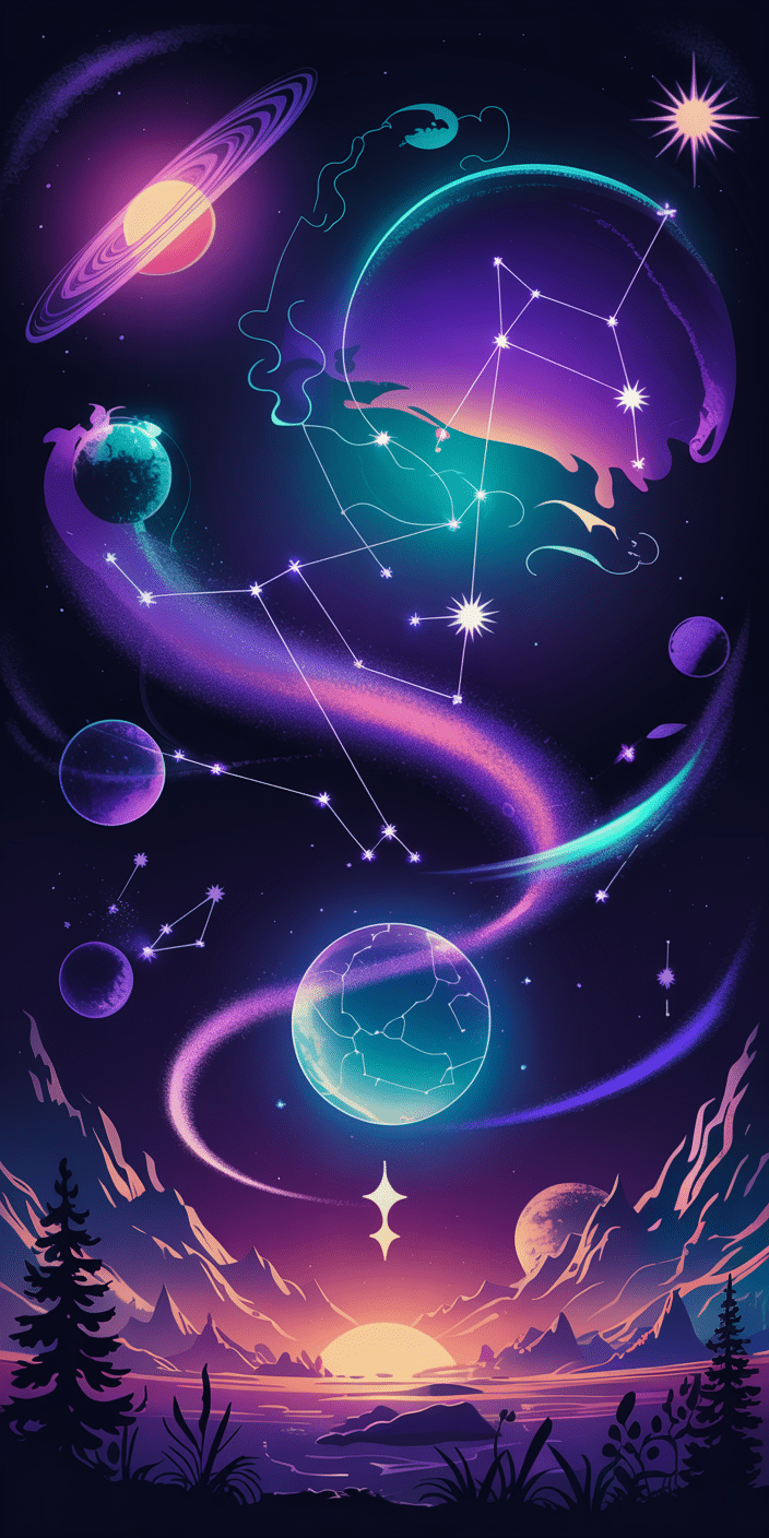 This surreal wallpaper features glowing constellations and planets dancing above a purple mountain landscape and a setting sun. Neon trails swirl through space in soft gradients, creating an ethereal atmosphere. Ideal for fans of sun space aesthetic and night sky wallpaper, this fantasy design merges the serenity of nature with the wonder of the cosmos—perfect for smartphone screens.