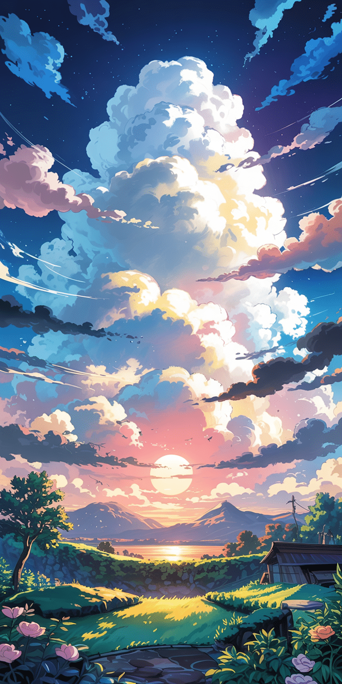 This picturesque animated wallpaper captures a glowing sunset over a serene countryside meadow, framed by massive fluffy clouds and a star-speckled twilight sky. Soft light spills across green hills and flower gardens, evoking feelings of peace. A stunning backdrop for fans of clouds wallpaper and sky aesthetic, it’s perfect for calming your phone screen.