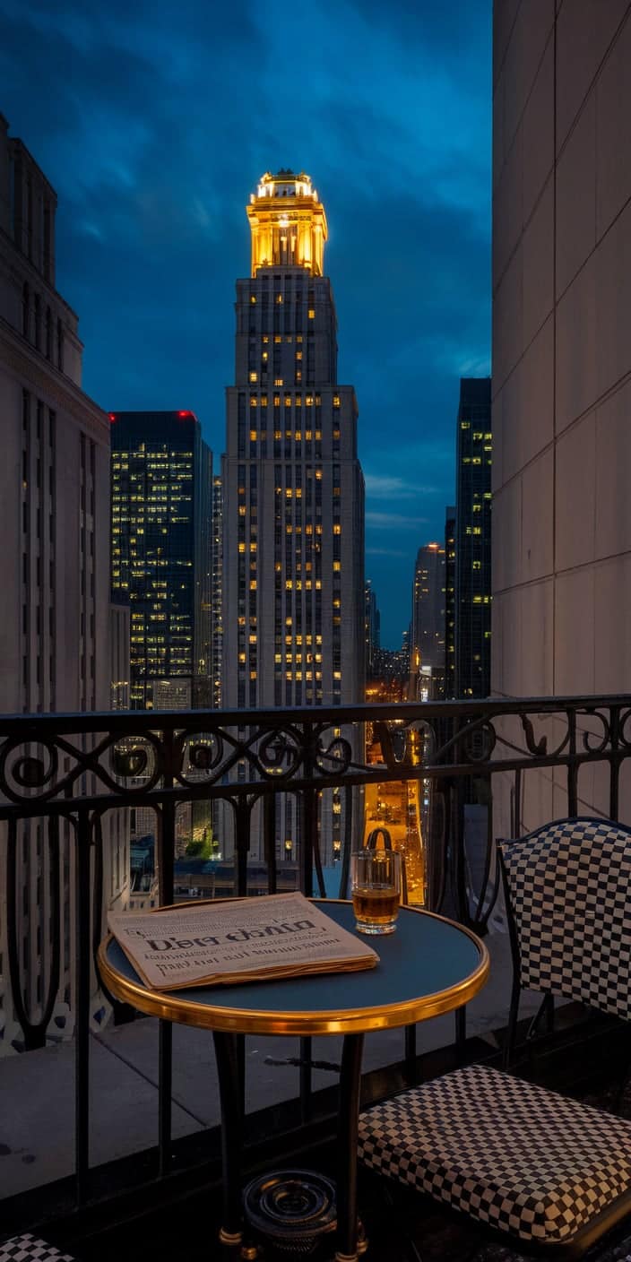 This Old Money Aesthetic wallpaper showcases a luxurious private balcony overlooking a glowing cityscape at night. A vintage-style table with a glass of whiskey and a folded newspaper adds a refined touch, capturing the essence of wealth and sophistication. Ideal as an Old Money iPhone Wallpaper, this image embodies elegance and quiet indulgence.