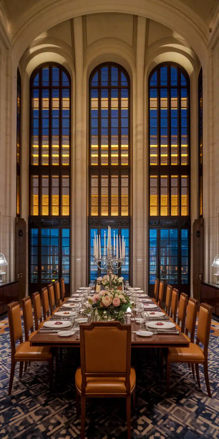 This Old Money Aesthetic wallpaper captures the grandeur of a luxurious dining hall set for an opulent evening. Towering arched windows frame the night sky, while the warm glow of candlelight enhances the rich wood and gold-toned décor. Perfect as an Old Money Phone Wallpaper, this image embodies refinement and high-society elegance, ideal for those drawn to the beauty of wealth and tradition.